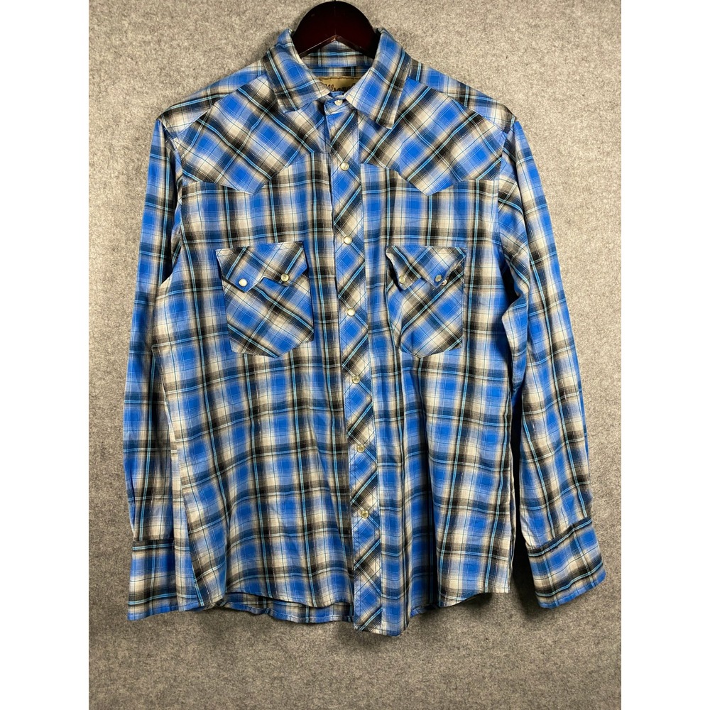 Wrangler Mens Blue Plaid Western Snap Shirt Long Sleeve Pearl Snap Lurex Large